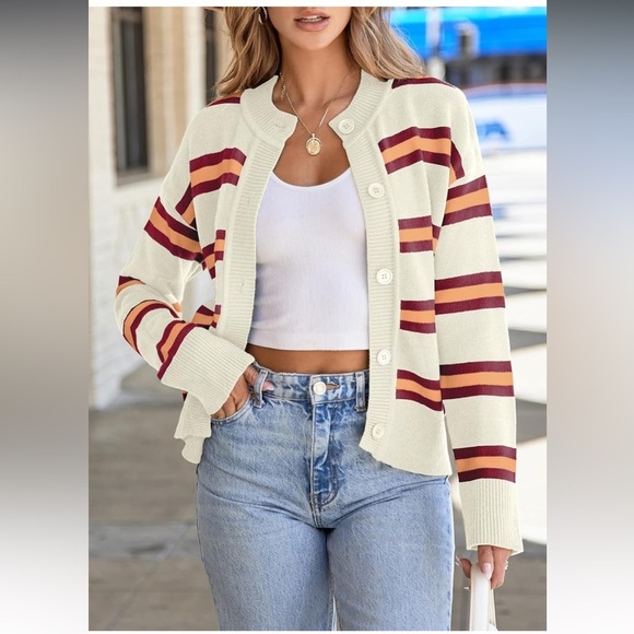 EVALESS Women's Striped Cardigan Sweaters Trendy Lightweight Cropped Casual XL - Picture 2 of 5